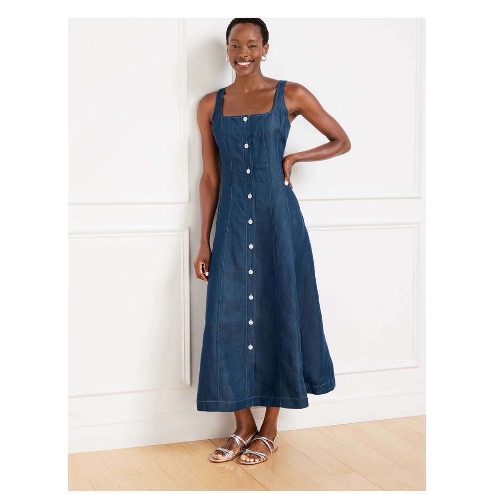 Talbots Women Blue Tencel Linen Seam Detail Button Front Midi Dress NWT Size 12